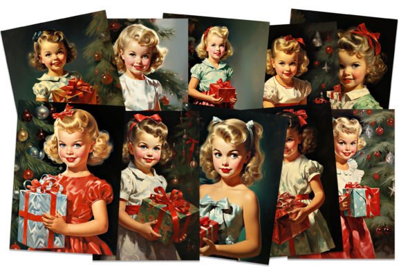 1950s Retro Cute Girls Christmas Cards: Illustrations