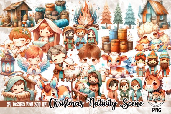 Christmas Cute Nativity Scene Clipart: Illustrations for Sellers