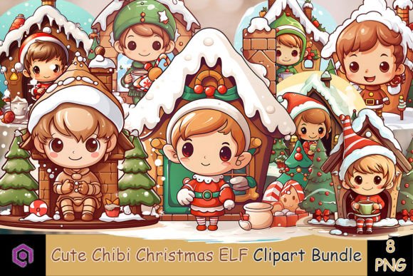 Cute Chibi Christmas Elf Clipart & Illustrations