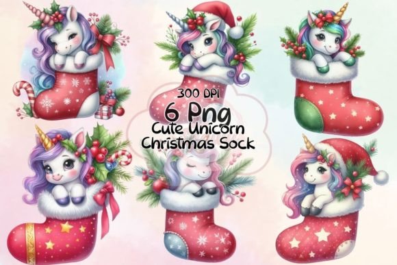 Cute Unicorn Christmas Sock Sublimation Illustrations