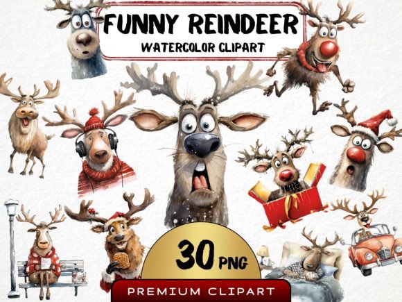 Funny Christmas Reindeer Clipart: Branding & Illustrations
