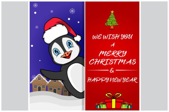 Merry Christmas Card with Cute Penguin Illustrations