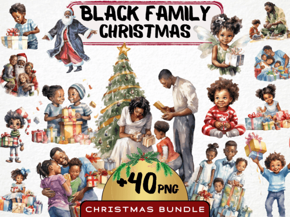 Watercolor Black Family Christmas Bundle Illustrations