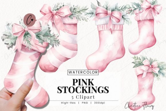 Watercolor Pink Christmas Stockings PNG Illustrations