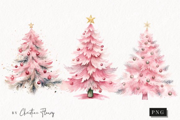 Watercolor Pink Christmas Trees Clipart & Illustrations